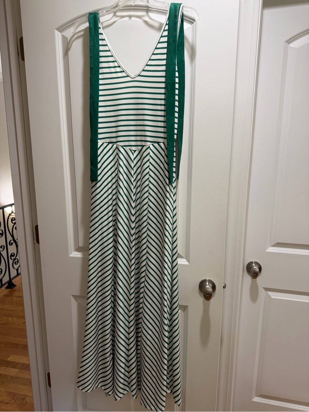 Sleeveless Green and White Striped V-Neck Maxi Dress